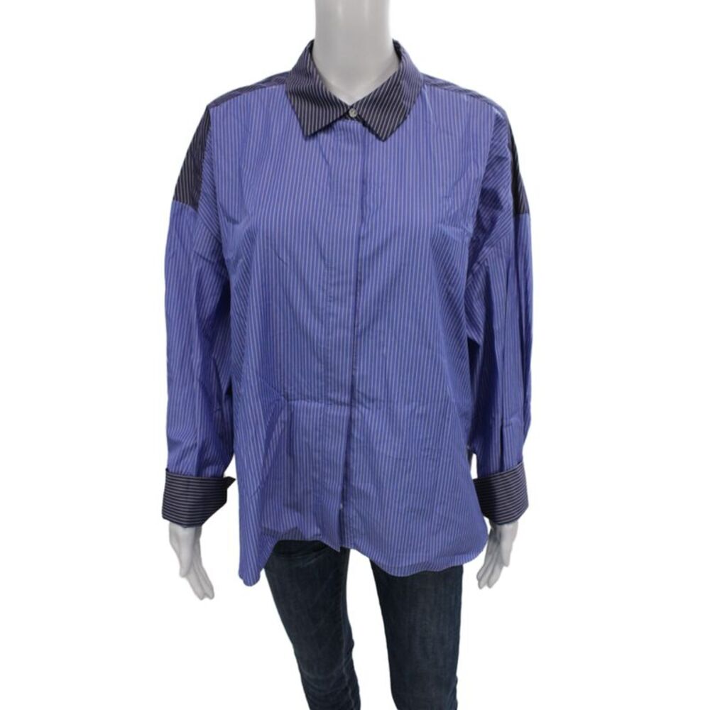 Partow Women Collared Striped Cotton Button-Up Blouse Long Sleeve Blue Size 10